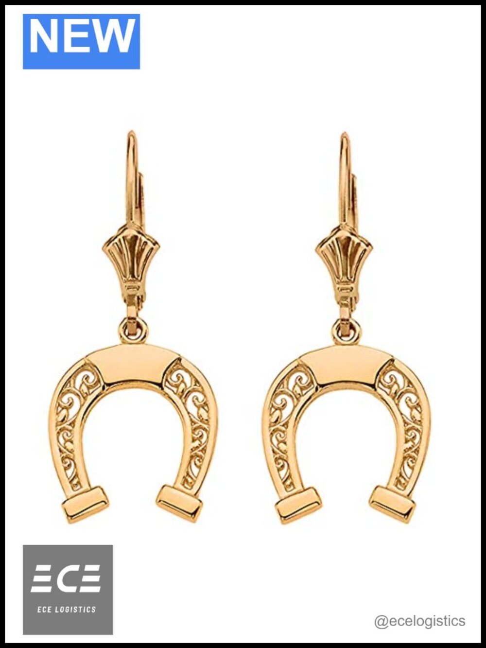 10K Yellow Gold Horseshoe Filigree Dangle Leverback Earrings